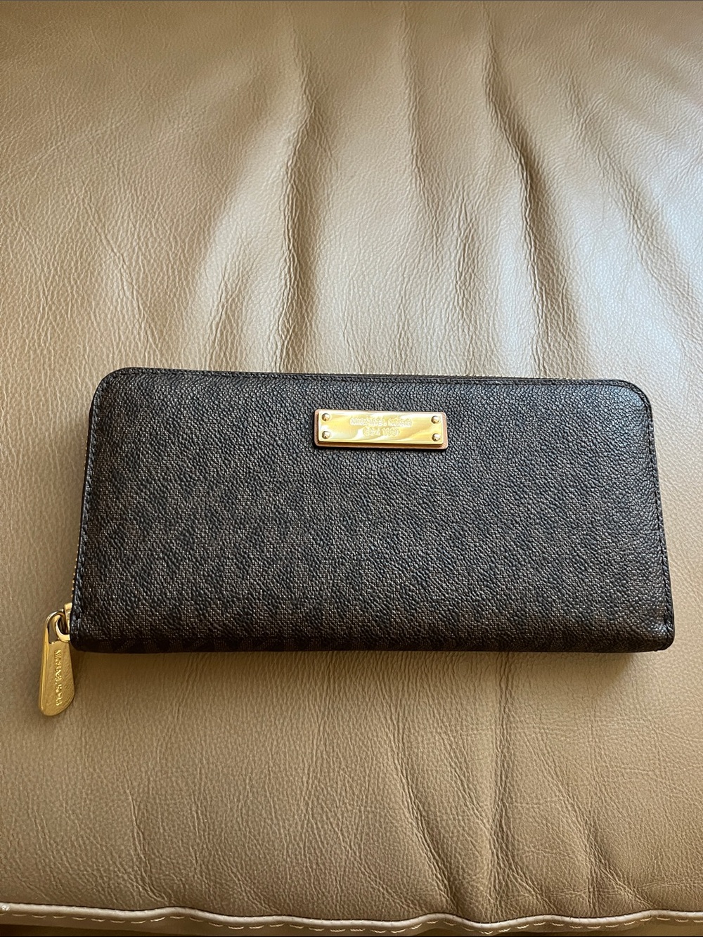 Michael Kors Brown Zip-Around Continental Wallet with Gold Zip Pull